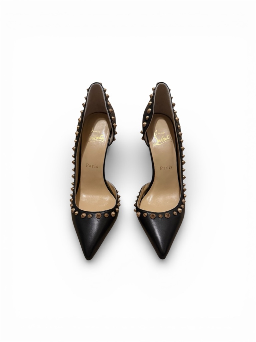 Christian Louboutin Black Leather Pointed Pumps with Gold Studs and Red Sole
